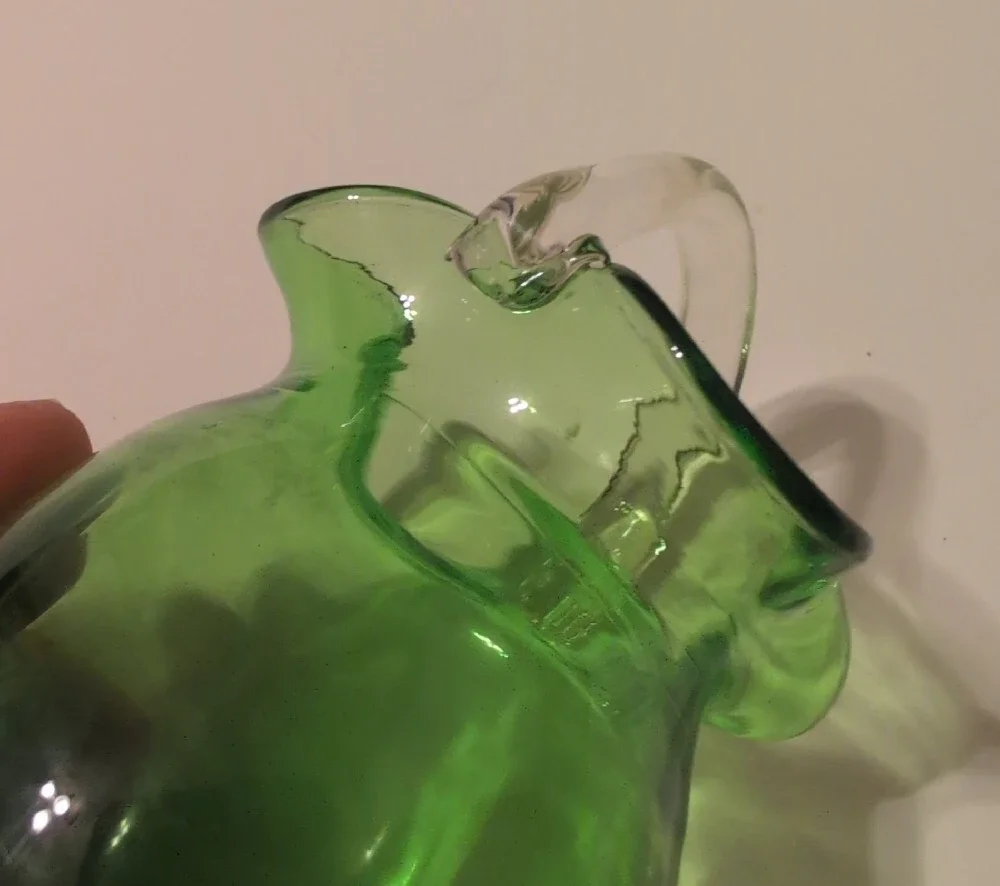 Green Pilgrim Glass Ruffled Rim Pitcher with Clear Handle
